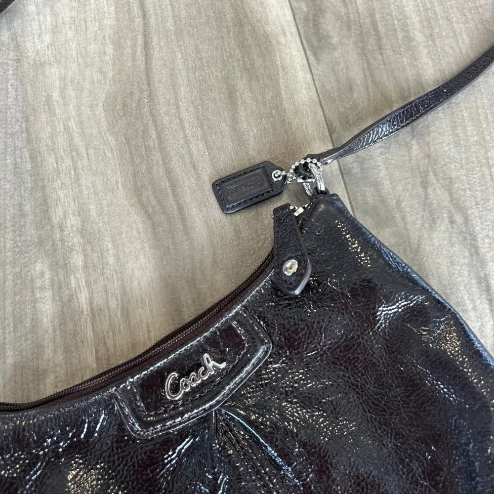 Coach Mahogany Brown Patent Leather Crossbody Bag Crinkle Texture Silver Logo